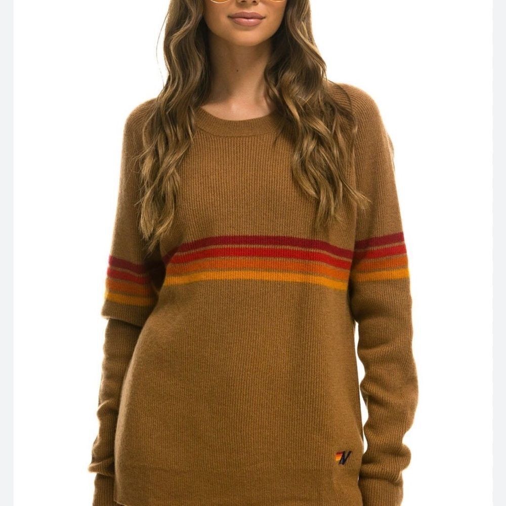Aviator Nation RAINBOW STRIPE 4 UNISEX CASHMERE SWEATER - BUTTERSCOTCH